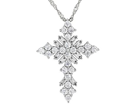 White Cubic Zirconia Platinum Plated Cross Pendant With Chain 5.44ctw