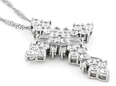 White Cubic Zirconia Platinum Plated Cross Pendant With Chain 5.44ctw