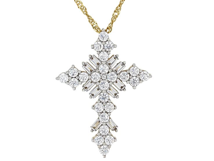 White Cubic Zirconia 18k Yellow Gold Plated Cross Pendant With Chain 5.44ctw