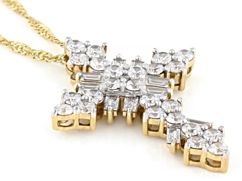 White Cubic Zirconia 18k Yellow Gold Plated Cross Pendant With Chain 5.44ctw