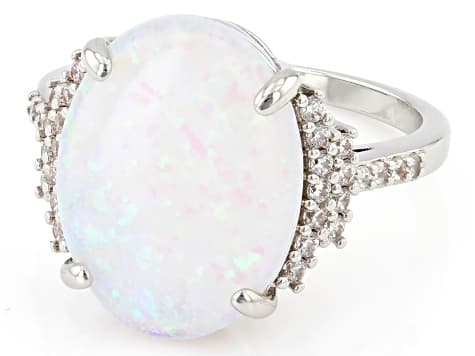 Opal and White Cubic Zirconia Rhodium Plated Ring 3.99ctw