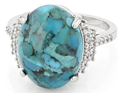 Composite Turquoise and White Cubic Zirconia Rhodium Plated Ring 0.39ctw