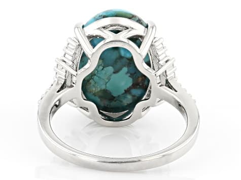 Composite Turquoise and White Cubic Zirconia Rhodium Plated Ring 0.39ctw