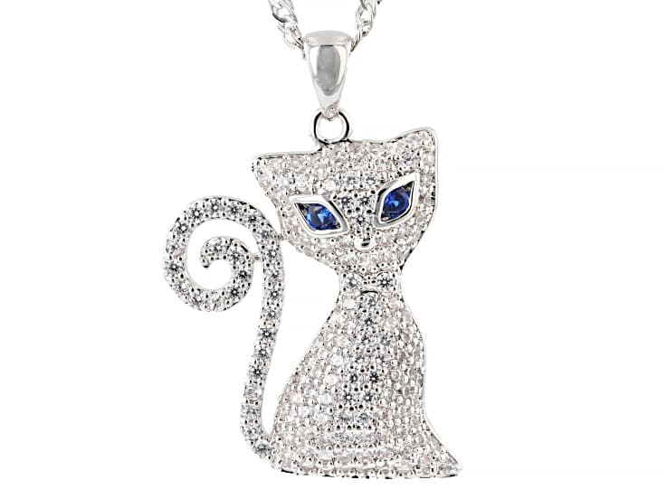 White and Blue Cubic Zirconia Rhodium Plated Cat Pendant 2.16ctw