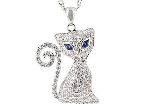 White and Blue Cubic Zirconia Rhodium Plated Cat Pendant 2.16ctw
