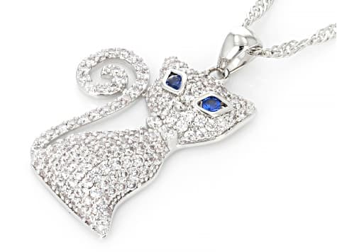White and Blue Cubic Zirconia Rhodium Plated Cat Pendant 2.16ctw