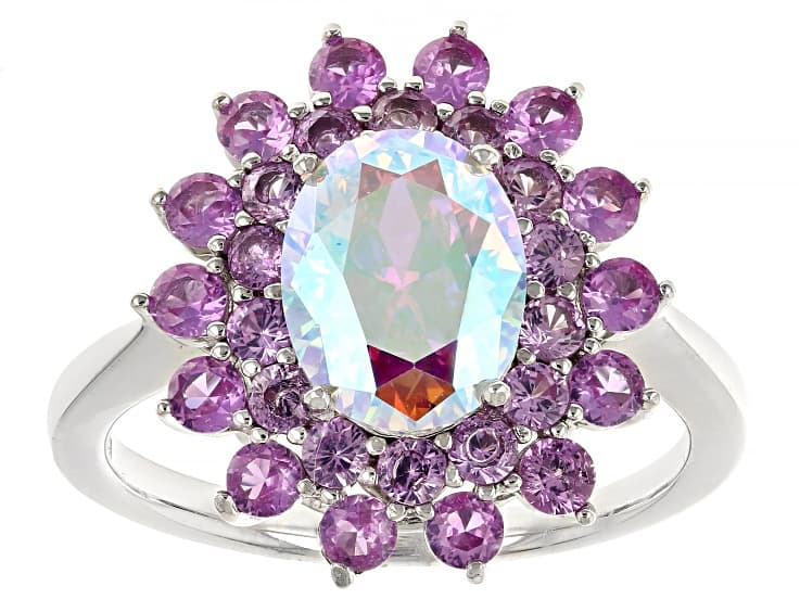 Aurora Borealis Cubic Zirconia And Lab Created Pink Sapphire Rhodium Over Silver Ring 4.93ctw