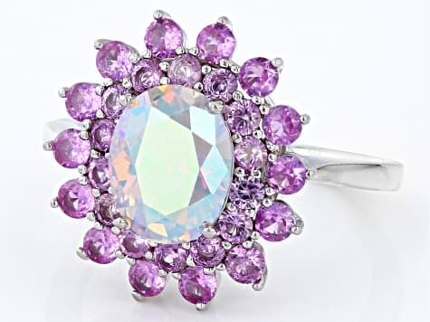 Aurora Borealis Cubic Zirconia And Lab Created Pink Sapphire Rhodium Over Silver Ring 4.93ctw