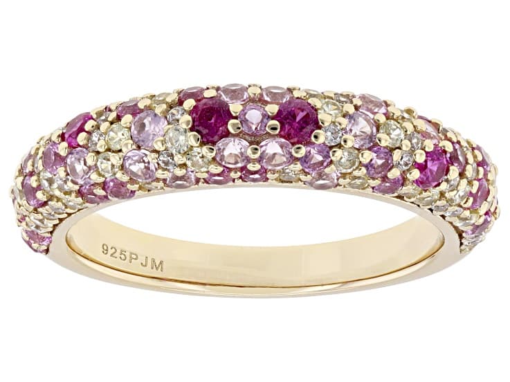 Lab Created Pink Sapphire, Yellow, And White Cubic Zirconia 18k Yellow Gold Over Silver Ring 2.05ctw