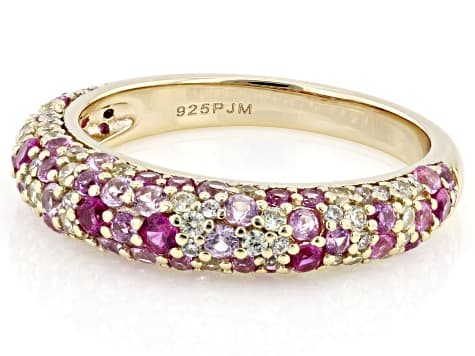 Lab Created Pink Sapphire, Yellow, And White Cubic Zirconia 18k Yellow Gold Over Silver Ring 2.05ctw