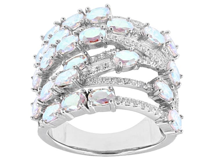 Aurora Borealis And White Cubic Zirconia Rhodium Over Sterling Silver Ring 6.12ctw