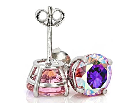 Pink Aurora Borealis Cubic Zirconia Rhodium Over Sterling Silver Stud Earrings 6.65ctw