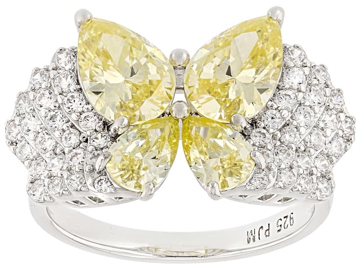 Yellow and White Cubic Zirconia Rhodium Over Sterling Silver Butterfly Ring 6.05ctw