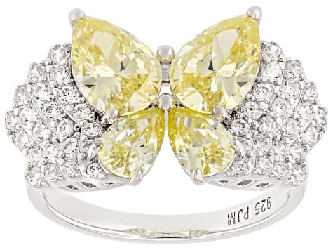 Yellow and White Cubic Zirconia Rhodium Over Sterling Silver Butterfly Ring 6.05ctw