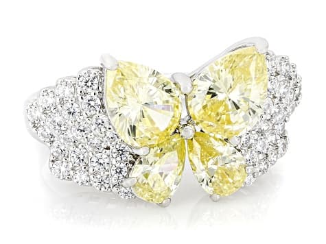 Yellow and White Cubic Zirconia Rhodium Over Sterling Silver Butterfly Ring 6.05ctw