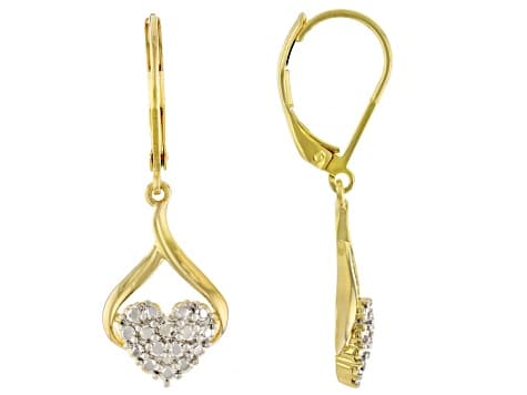 White Diamond Accent 14k Yellow Gold Over Brass Heart Dangle Earrings