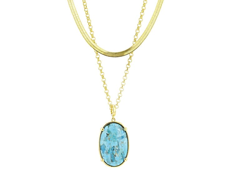 30x20mm Composite Turquoise With 30x20mm Composite Sponge Coral 18k Gold Over Brass Pendant