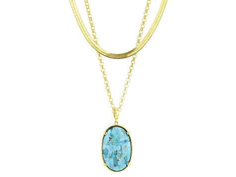 30x20mm Composite Turquoise With 30x20mm Composite Sponge Coral 18k Gold Over Brass Pendant