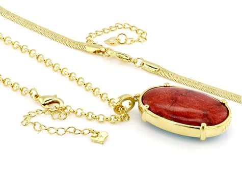 30x20mm Composite Turquoise With 30x20mm Composite Sponge Coral 18k Gold Over Brass Pendant
