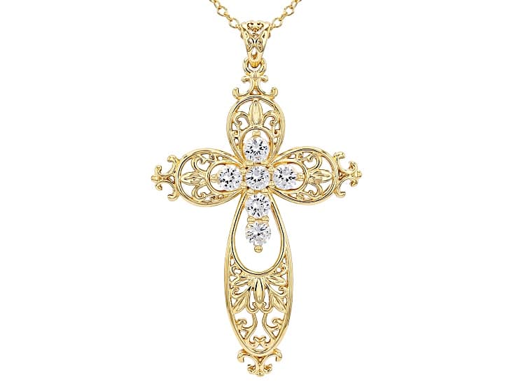 White Lab Created Sapphire 18k Yellow Gold Over Brass Cross Pendant With Chain 1.53ctw
