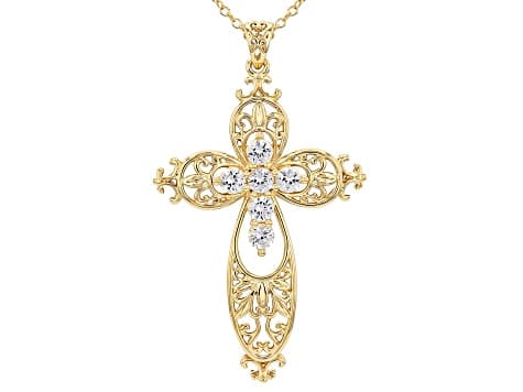 White Lab Created Sapphire 18k Yellow Gold Plated Cross Pendant With Chain 1.53ctw