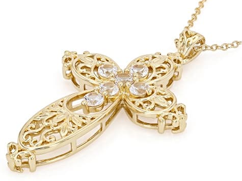 White Lab Created Sapphire 18k Yellow Gold Over Brass Cross Pendant With Chain 1.53ctw