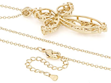 White Lab Created Sapphire 18k Yellow Gold Over Brass Cross Pendant With Chain 1.53ctw
