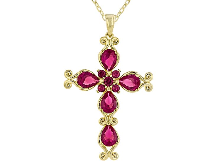 Lab Created Ruby 18k Yellow Gold Over Brass Cross Pendant With Chain 3.93ctw