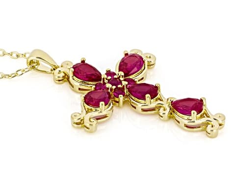 Lab Created Ruby 18k Yellow Gold Over Brass Cross Pendant With Chain 3.93ctw
