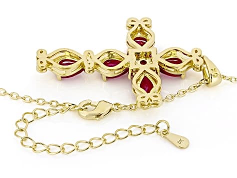 Lab Created Ruby 18k Yellow Gold Over Brass Cross Pendant With Chain 3.93ctw