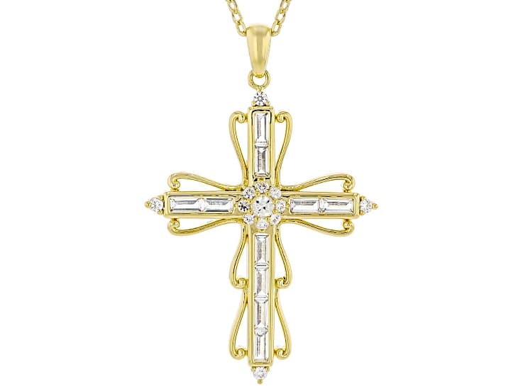 White Lab Created Sapphire 18k Yellow Gold Over Brass Cross Pendant With Chain 1.44ctw