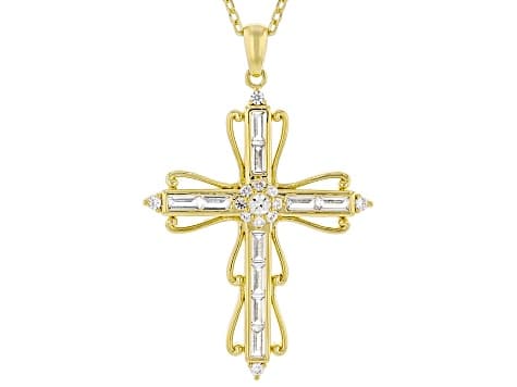 White Lab Created Sapphire 18k Yellow Gold Over Brass Cross Pendant With Chain 1.44ctw