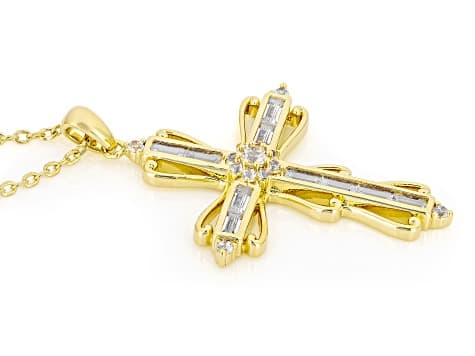 White Lab Created Sapphire 18k Yellow Gold Over Brass Cross Pendant With Chain 1.44ctw