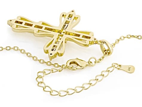 White Lab Created Sapphire 18k Yellow Gold Over Brass Cross Pendant With Chain 1.44ctw