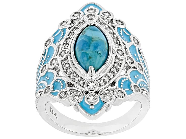 Blue Composite Turquoise With White Lab Created Sapphire Rhodium Plated Ring 0.73ctw