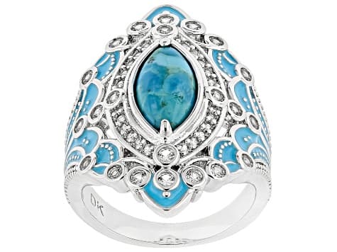 Blue Composite Turquoise With White Lab Created Sapphire Rhodium Plated Ring 0.73ctw