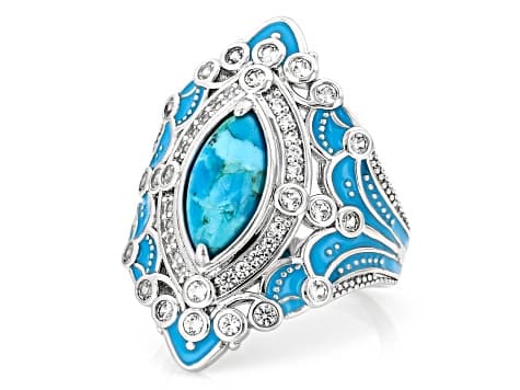 Blue Composite Turquoise With White Lab Created Sapphire Rhodium Plated Ring 0.73ctw