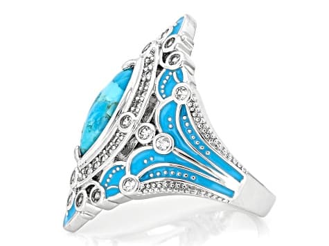 Blue Composite Turquoise With White Lab Created Sapphire Rhodium Plated Ring 0.73ctw