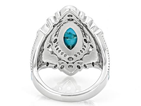 Blue Composite Turquoise With White Lab Created Sapphire Rhodium Plated Ring 0.73ctw