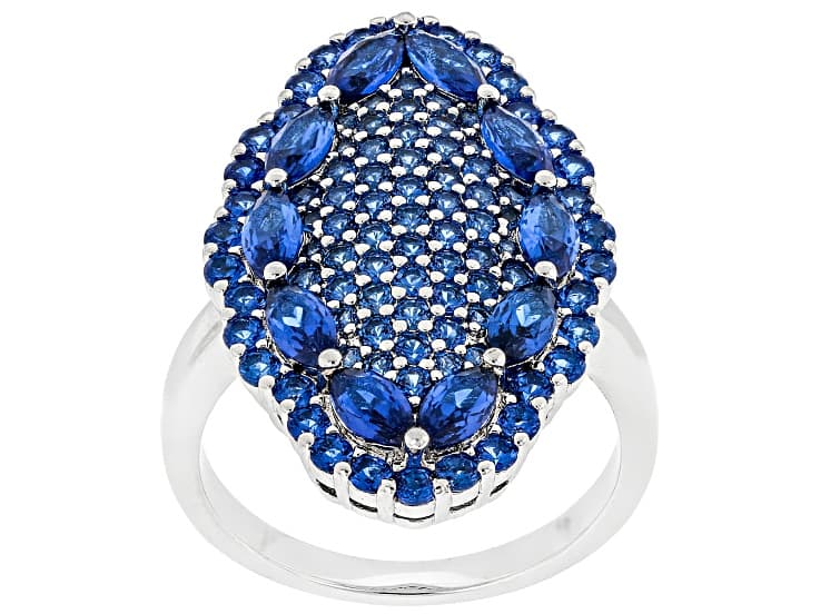 Blue Lab Created Spinel Rhodium Over Brass Cluster Ring 2.76ctw