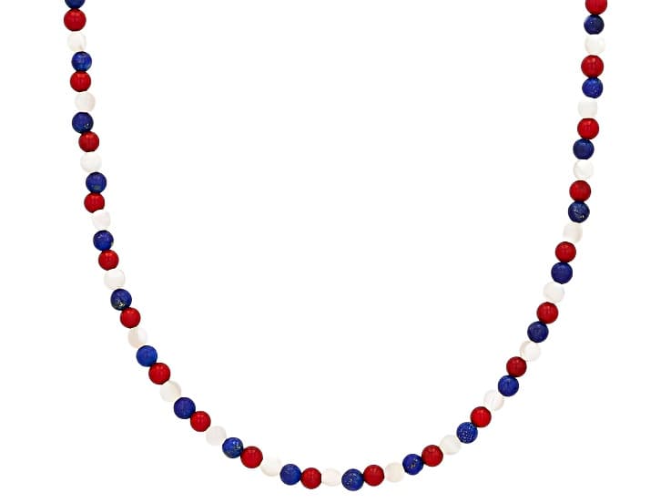 Blue Lapis Lazuli With White Mother-Of-Pearl & Red Coral 18K Yellow Gold Over Brass Necklace