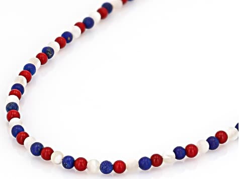 Blue Lapis Lazuli With White Mother-Of-Pearl & Red Coral 18K Yellow Gold Over Brass Necklace