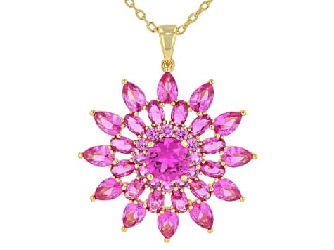 Pink Lab Created Sapphire 18K Yellow Gold Plated Pendant with Chain 11.97ctw