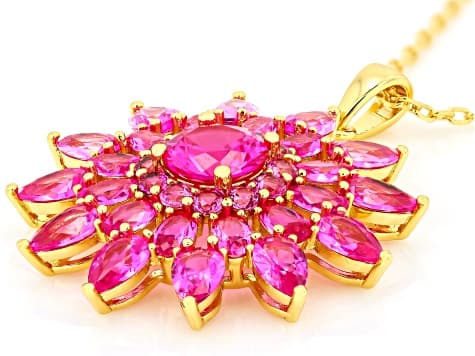 Pink Lab Created Sapphire 18K Yellow Gold Plated Pendant with Chain 11.97ctw