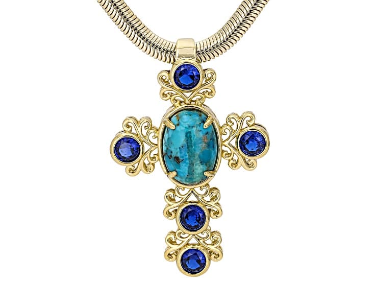 Blue Composite Turquoise 18K Yellow Gold Over Brass Cross Pendant With Chain