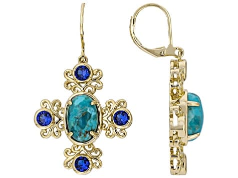 Blue Composite Turquoise 18K Yellow Gold Plated Cross Earrings