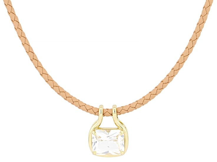 White Lab Created Sapphire 18K Yellow Gold Plated Solitaire Pendant/Brown Leather Cord 6.12ctw