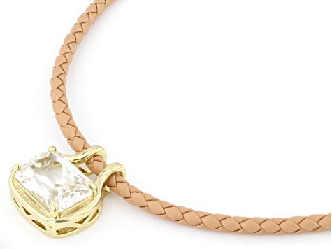 White Lab Created Sapphire 18K Yellow Gold Plated Solitaire Pendant/Brown Leather Cord 6.12ctw
