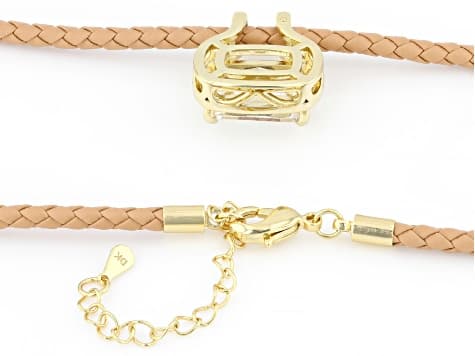 White Lab Created Sapphire 18K Yellow Gold Plated Solitaire Pendant/Brown Leather Cord 6.12ctw