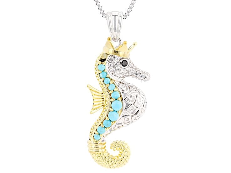 Blue Composite Turquoise Rhodium Plated Two-Tone Pendant with Chain 0.27ctw